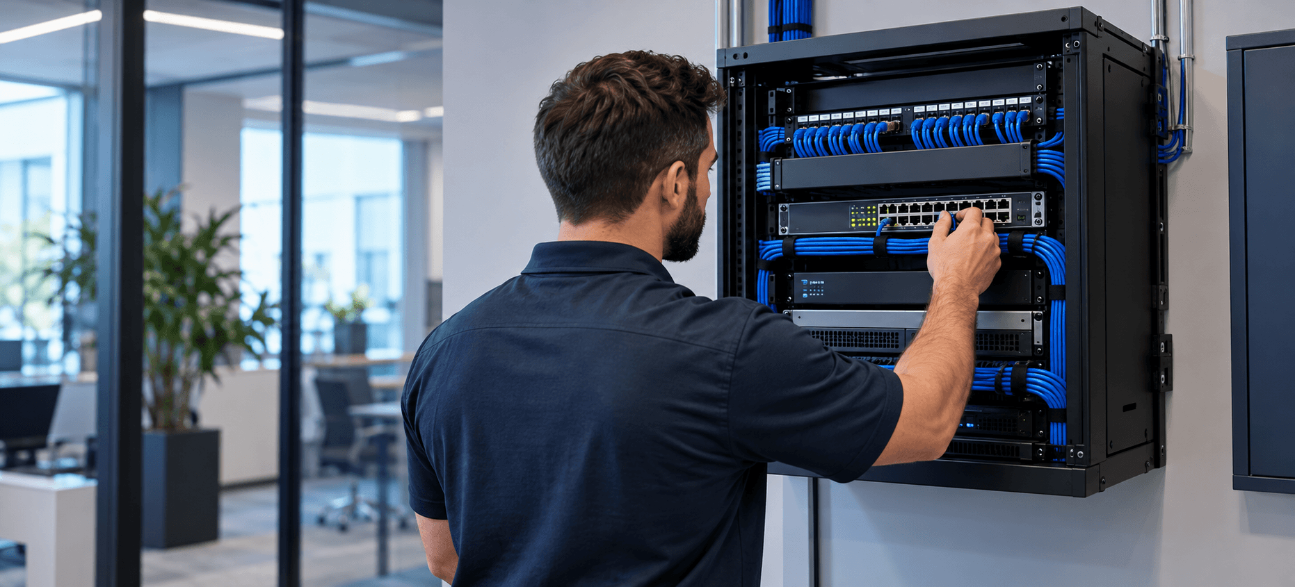 Technician configuring a professionally organized commercial network rack