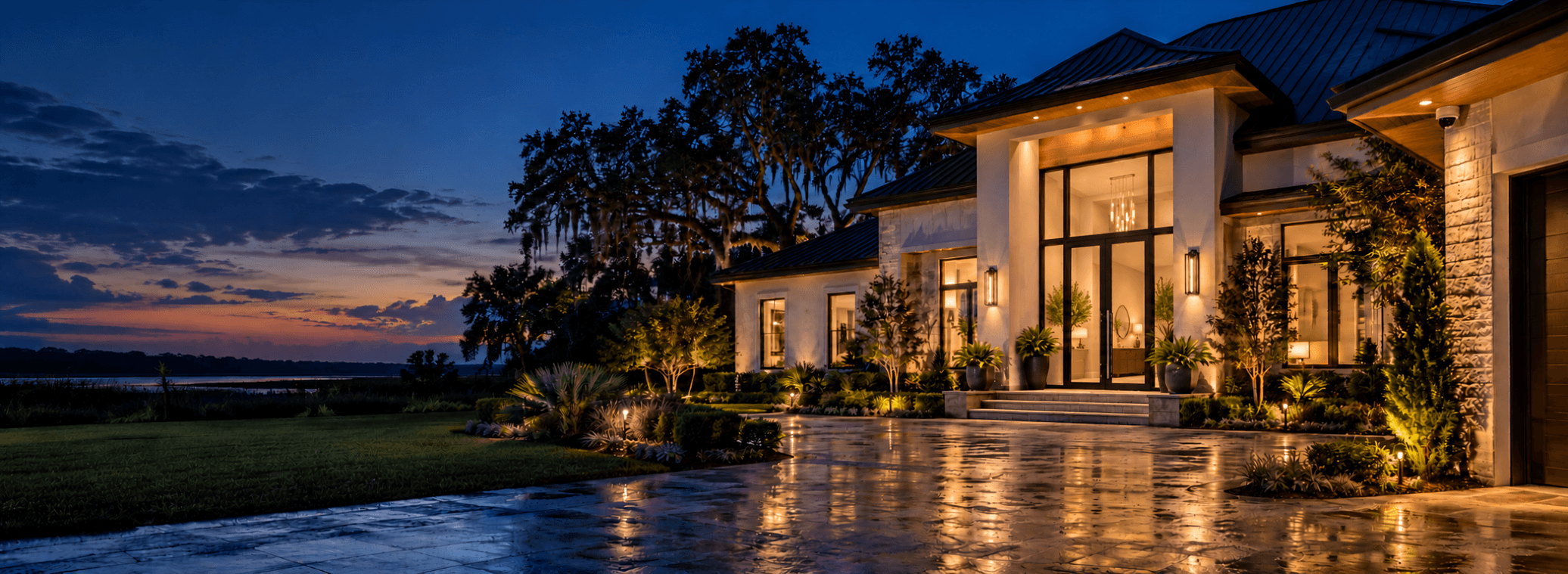 Blue-hour Louisiana smart home with illuminated landscaping