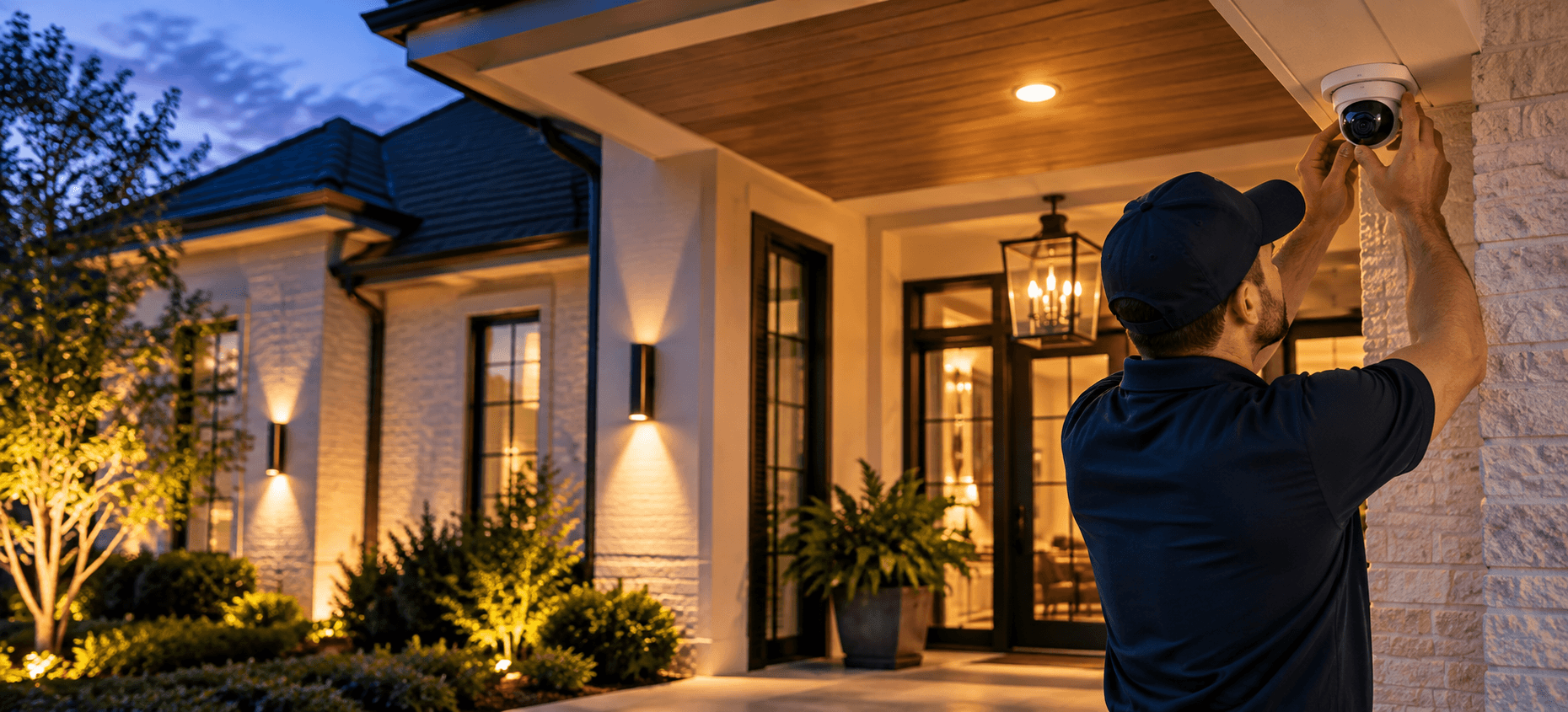 Professional installing a smart-home security camera at a Lafayette residence